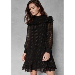 Ted Baker Black Gold Joyous High Neck Ruffle Mini Dress Sz 0 XS Holiday Party